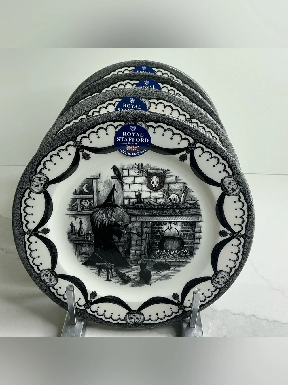 4 Royal Stafford Salad Plates HALLOWEEN HOME 8in Ceramic Spooky Boo New